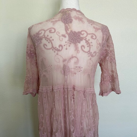 Forgotten Grace Cardigan Lace Short Sleeve Topper Duster Pink Tie Front Romantic - Picture 2 of 6